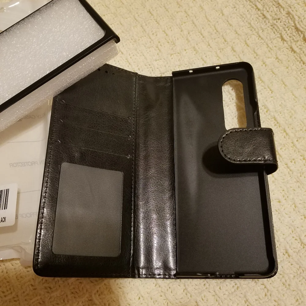 Black Samsung Galaxy Z Fold 3 Case, Wallet Pouch Cover Kickstand Credit Card Slo